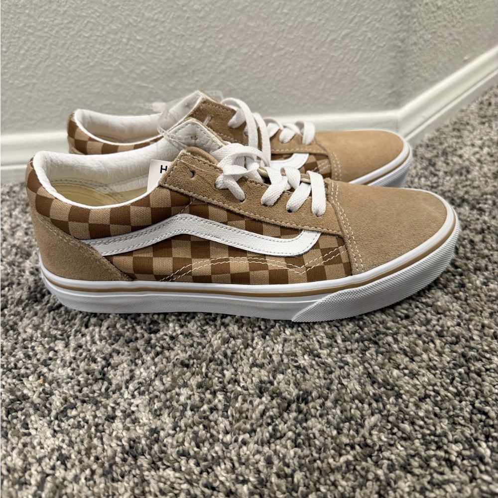 Kid’s Vans Old Skool Checkerboard Tan Suede Sneakers